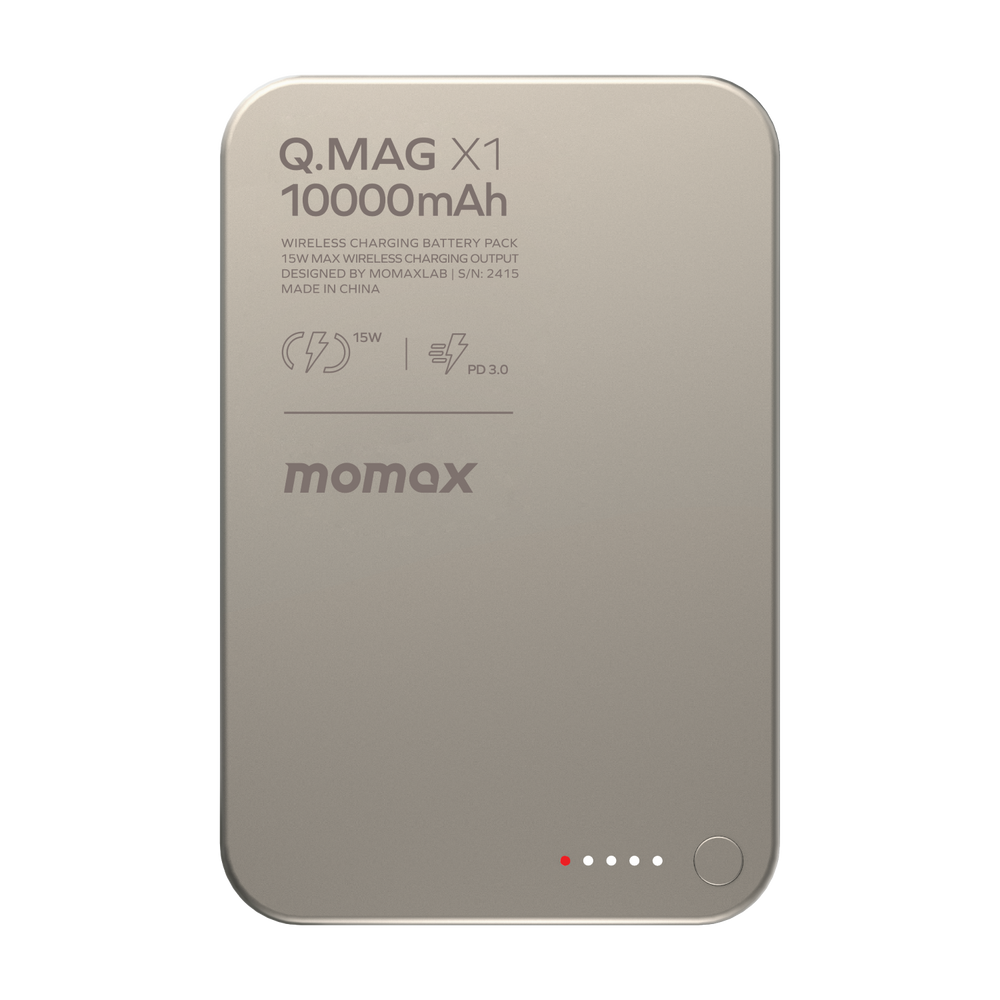 باور بنك وايرلس ماجنتك مقاس 13mm نحيف للغايه بسعة 10000mah - الجيل التاني - ضمان 18 شهر -  q.mag x1 qi2 magnetic wireless power bank 10000mah - gen 2 - momax - لون ذهبي