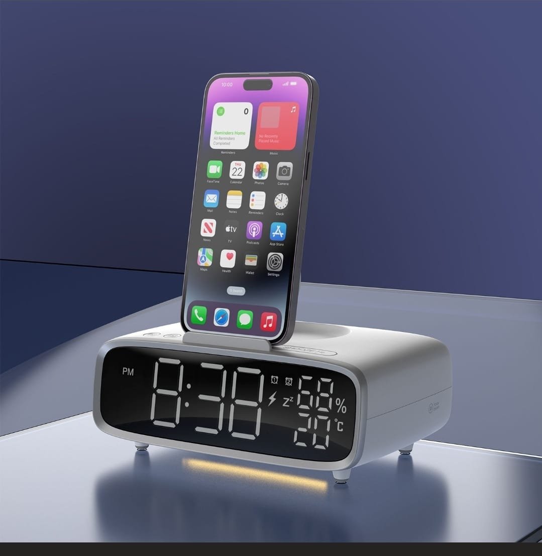 شحن لاسلكي وحامل موبايل ومكبر صوت لاسلكي وإضائه q clock 5