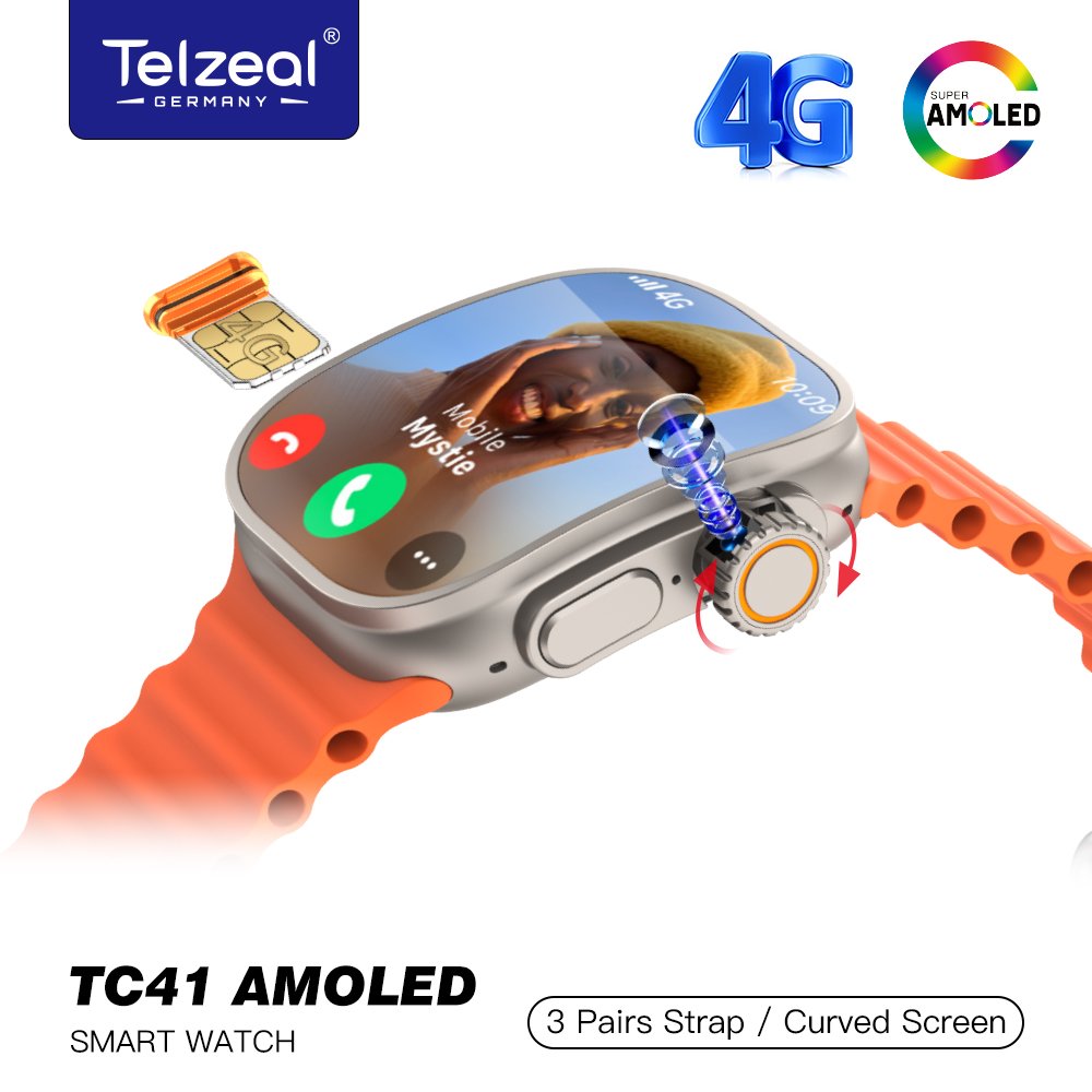 ساعة ذكية,tc41 amoled بشريحة اتصال, شاشة منحنية 2.2 بوصة, نظام اندرويد, 5g, كاميرا دوارة, لوت برتقالي, مع 3 أحزمة اضافيه