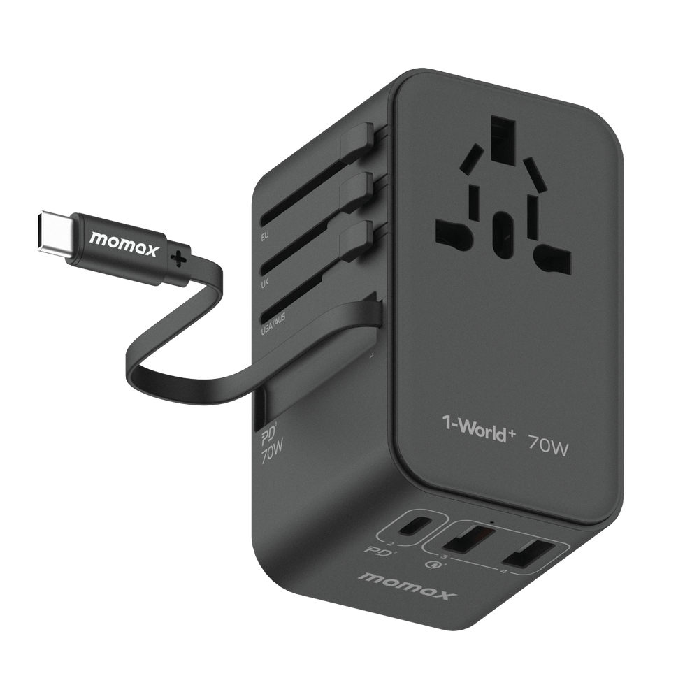 شاحن السفر 1-world+ ثلاثي المنافذ gan مع كابل usb-c مدمج 70 واط -  1world+ 3-port travel gan charger with built-in usb-c cable 70w
